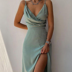 V-Neck Midi Dress with Spaghetti Straps and Leg Slit in 5 Colors S-3XL