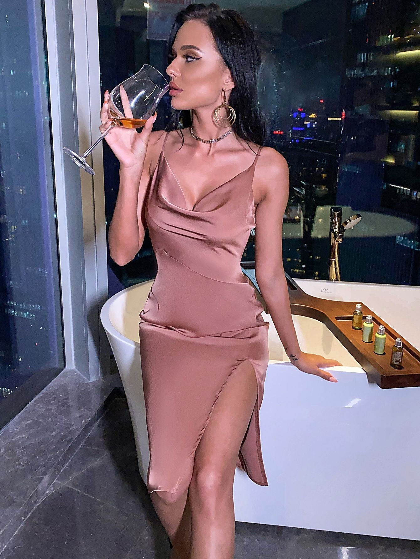 V-Neck Sleeveless Satin Dress with Spaghetti Straps and Side Slit in 10 Colors XS-L