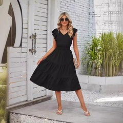 Ruffled Sleeveless V-Neck Midi Dress with Elastic Waist in 7 Colors S-XL