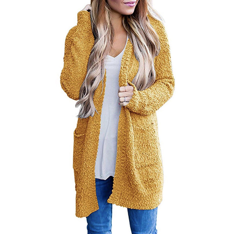 Solid Color Fleece Mid-Length Cardigan