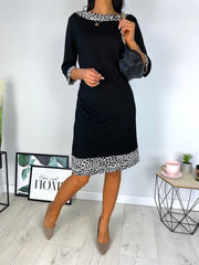 Three-Quarter Sleeve Black Midi Dress with Leopard Print Trim
