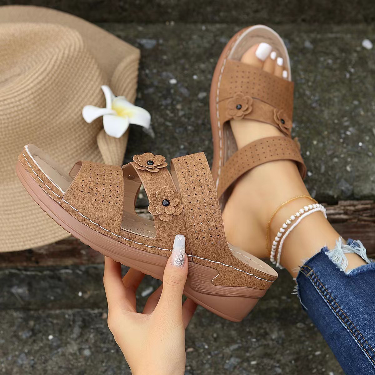 Wedge Sandals with Decorative Flowers