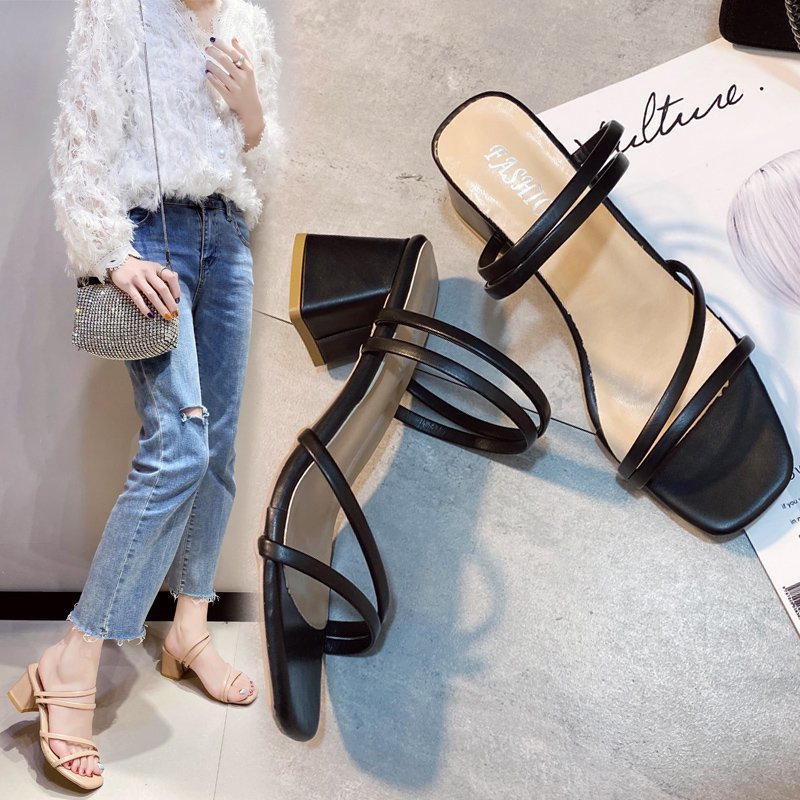 High Heel Sandals with Square Toe and Block Heel