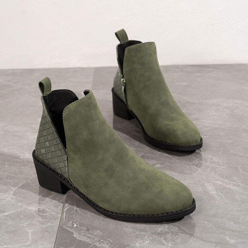 Leather Side Zip Square Heel Ankle Boots in 2 Colors