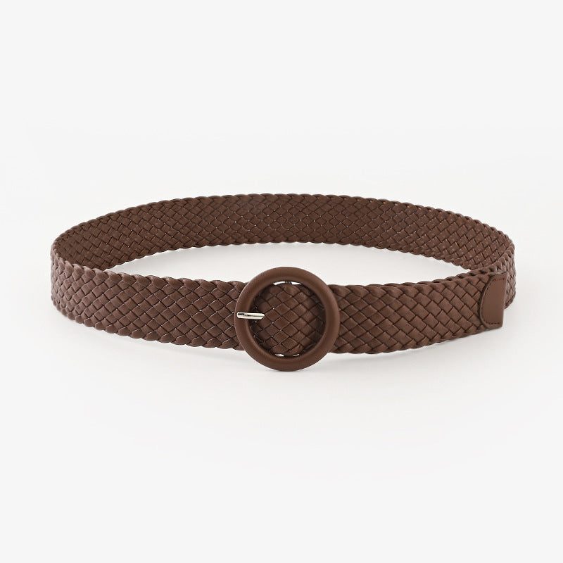 Woven Solid Colour Belt with Round Buckle