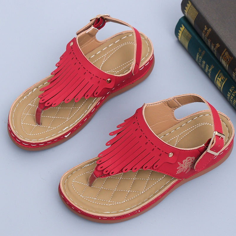 Roman Thong Sandals with Fringe and Ankle Strap
