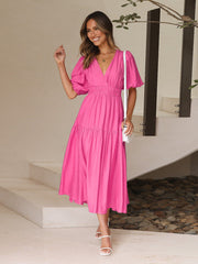 Robe midi unie à col en V et manches bouffantes, disponible en 4 couleurs, tailles 4 à 10 