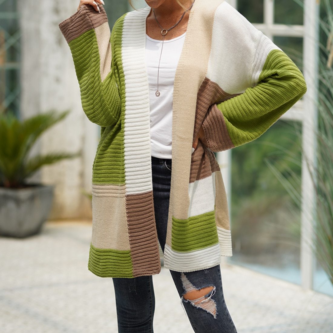 Cardigan en tricot colorblock en 6 couleurs S-XL