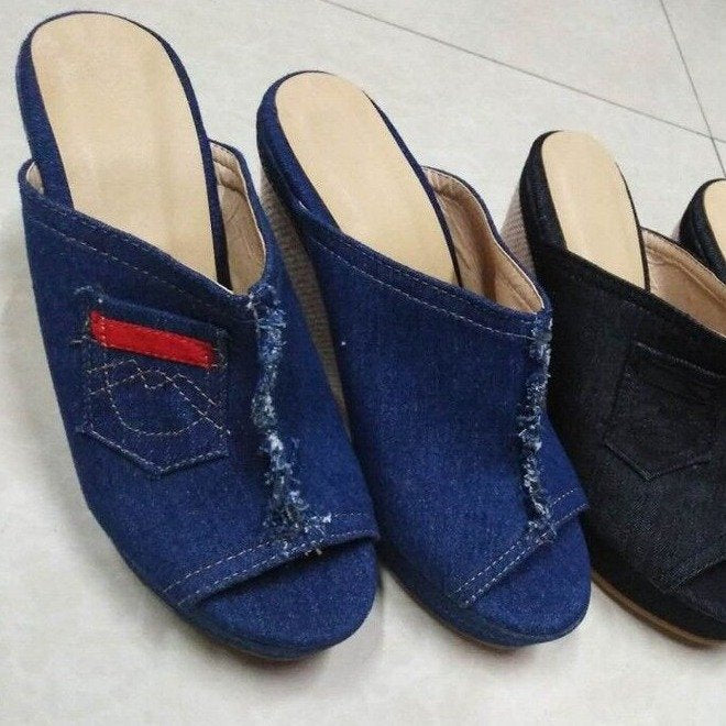 Denim High Heel Wedge Sandals in 2 Colors