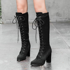 Suede Front Lace High Heel Knee Length Boots