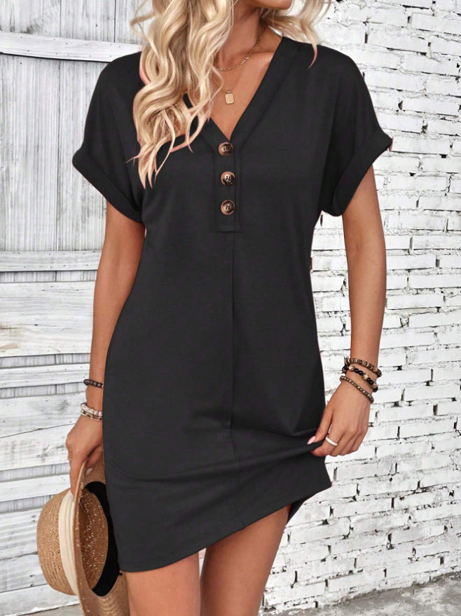 Robe chemise unie à manches courtes et col en V