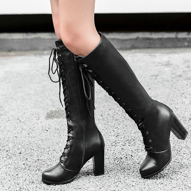 Suede Front Lace High Heel Knee Length Boots