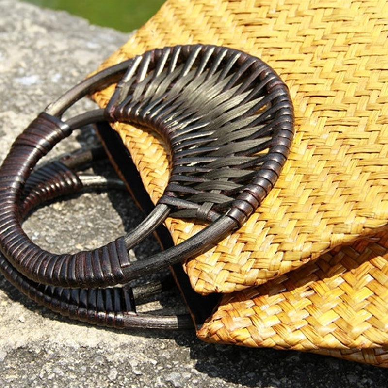 Rattan Straw Hand Bag with Round Wooden Handle in 2 Colors