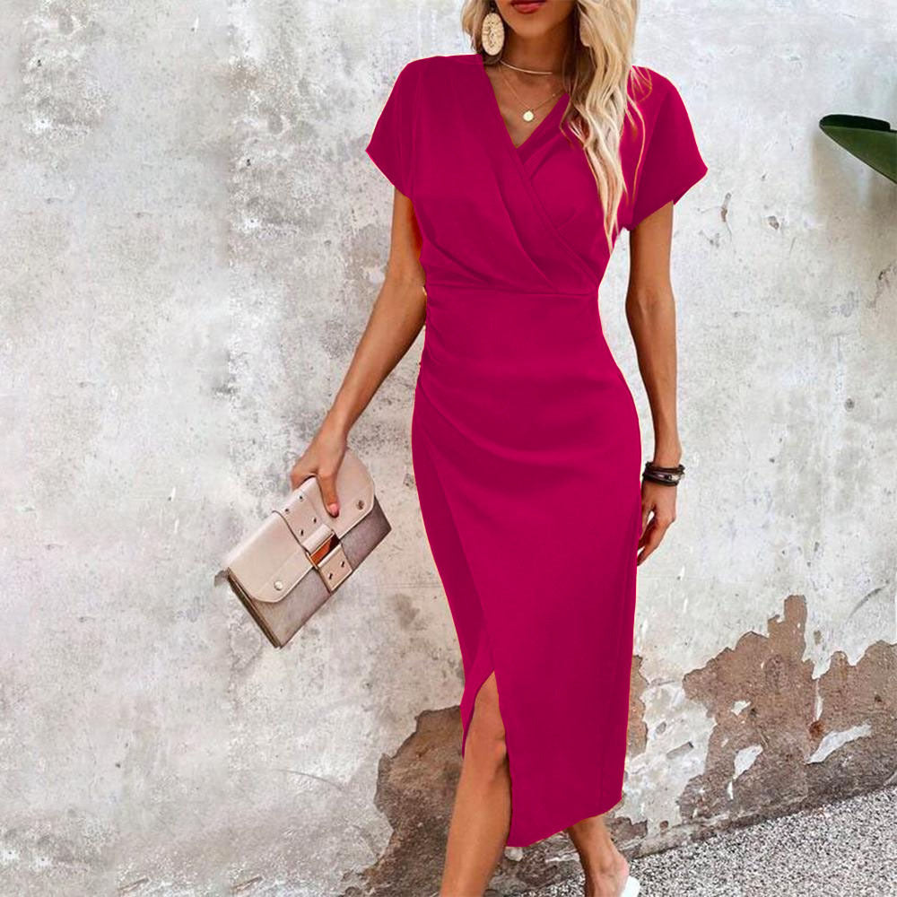 Elegant V-Neck Short Sleeve Midi Dress with Wrap Waist