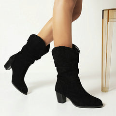 Suede Chunky Heel Mid-Calf Boots in 4 Colors