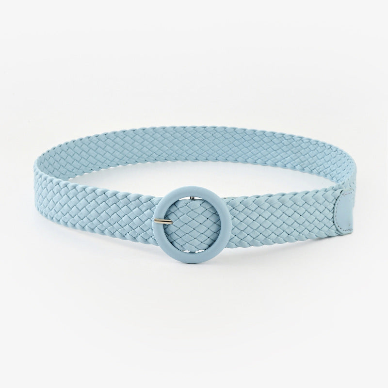 Woven Solid Colour Belt with Round Buckle