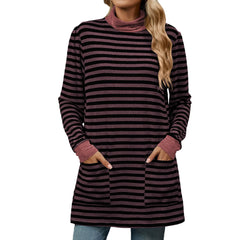 Turtleneck Striped Long Sleeve Shirt with Pockets