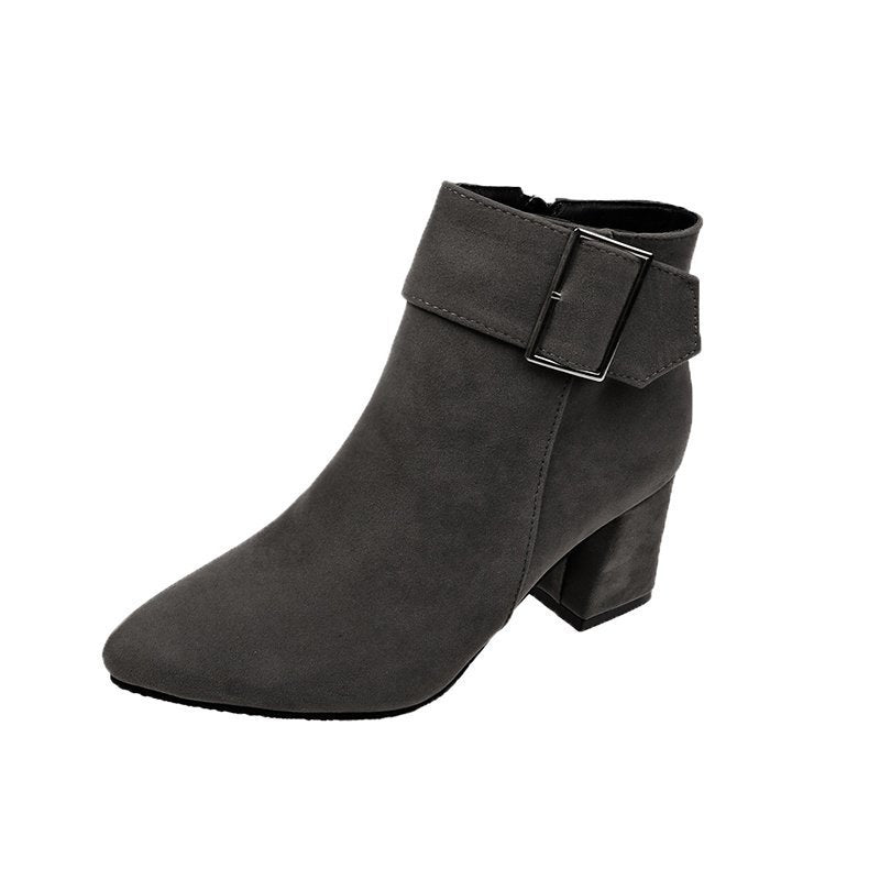 Suede Block Heel Ankle Boots with Pointed Toe