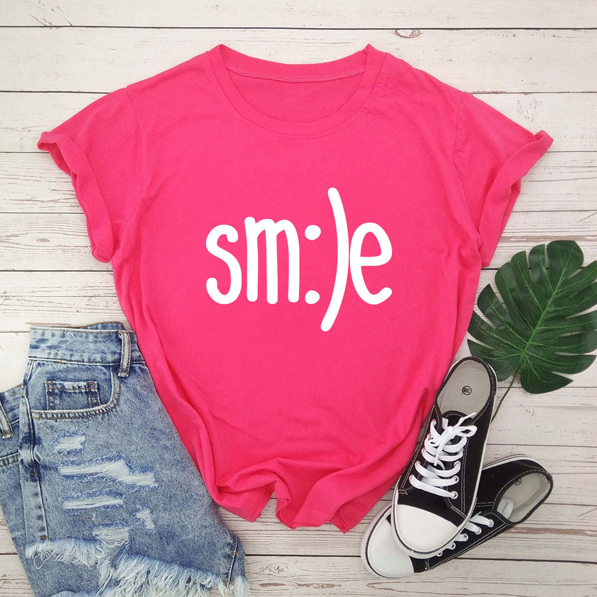 Smile Printed Short Sleeve Cotton Top in 12 Colors S-5XL