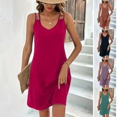 Robe d'été unie sans manches avec col en V, disponible en 5 coloris (S-XXL)