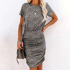 Knee-Length Short Sleeve Leopard Dress with Elastic Waist