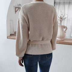 V-Neck Long Sleeve Wrap Knit Sweater with Waist Tie in 4 Colors S-XL