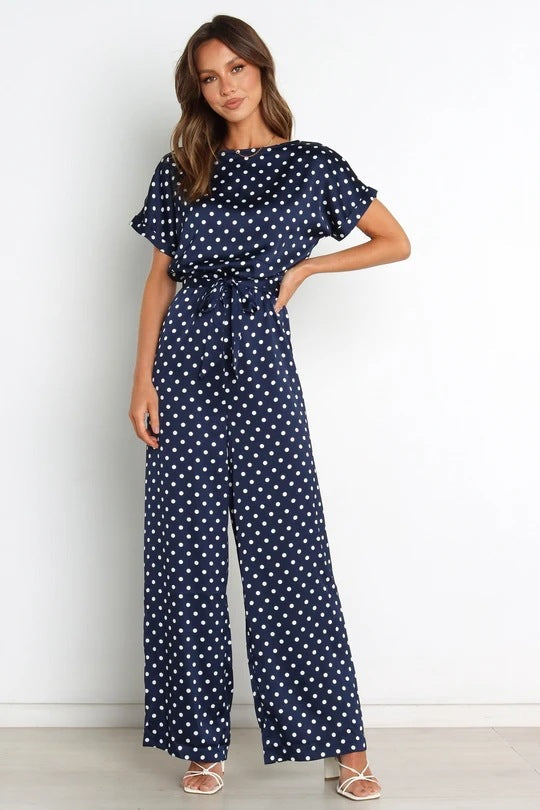 Round Neck Short Sleeve Polka Dot Jumpsuit with Drawstring Waist