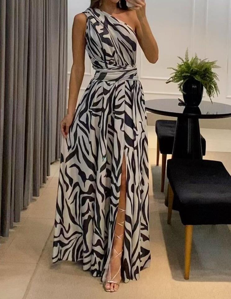 Robe longue imprimée sans manches à une épaule, disponible en 3 couleurs, tailles S à XXL