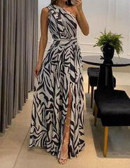 Robe longue imprimée sans manches à une épaule, disponible en 3 couleurs, tailles S à XXL