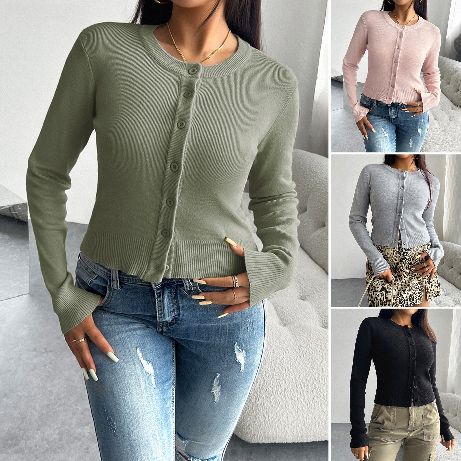 Button-Up Long Sleeve Solid Colour Cardigan