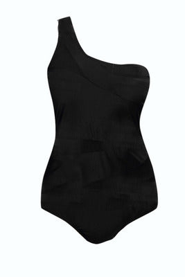 Plus Size Einteiliger One-Shoulder-Badeanzug in Schwarz mit Mesh XL-XXXL