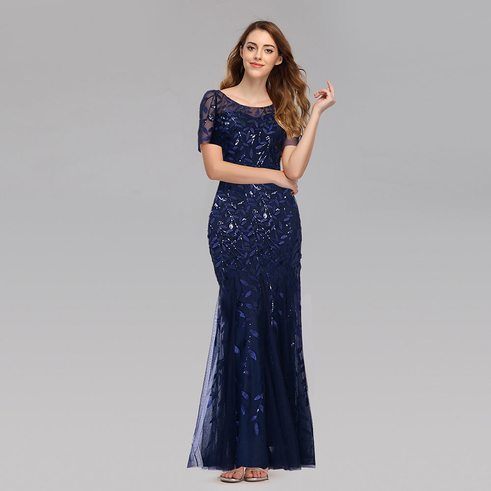 Elegant Short Sleeve Evening Gown with Chiffon and Lace Overlay