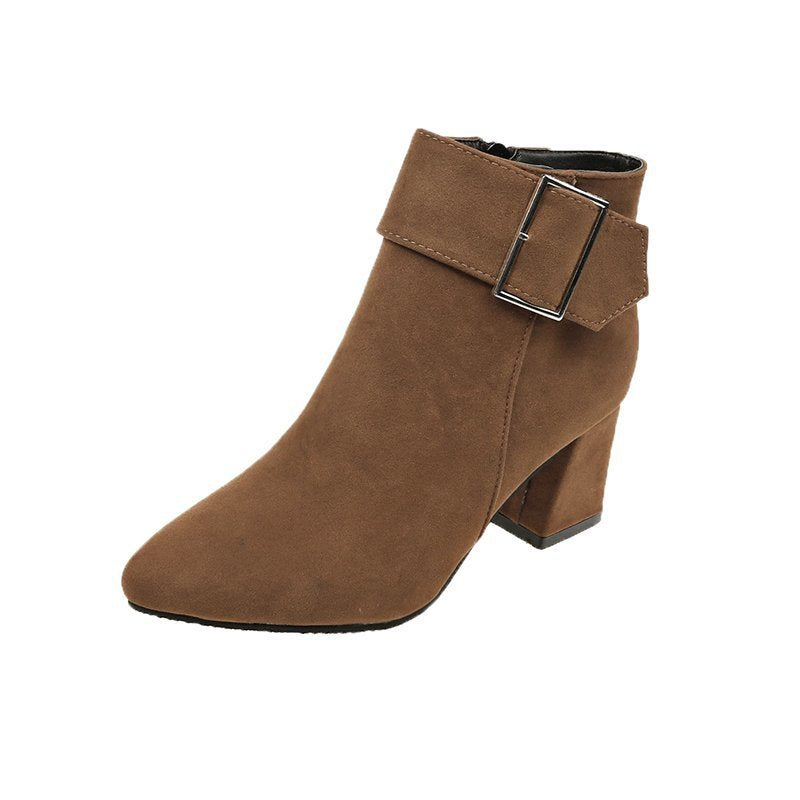 Suede Block Heel Ankle Boots with Pointed Toe
