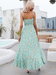 Sleeveless Floral Dress with Spaghetti Straps and Asymmetric Hem