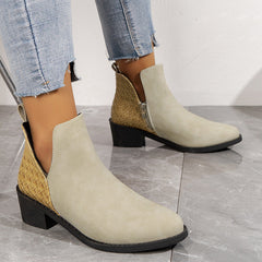 Leather Side Zip Square Heel Ankle Boots in 2 Colors
