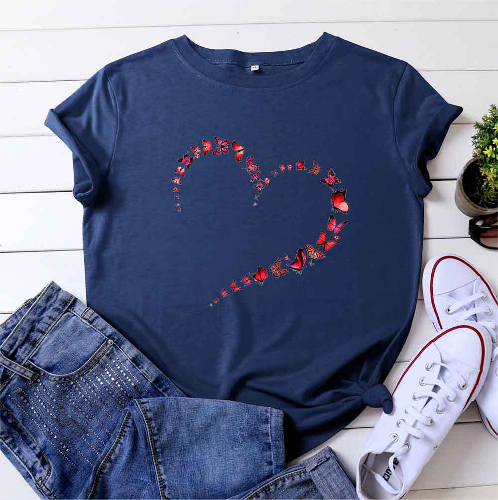 Kurzarm-Top mit Herz-Schmetterling in 12 Farben S-4XL