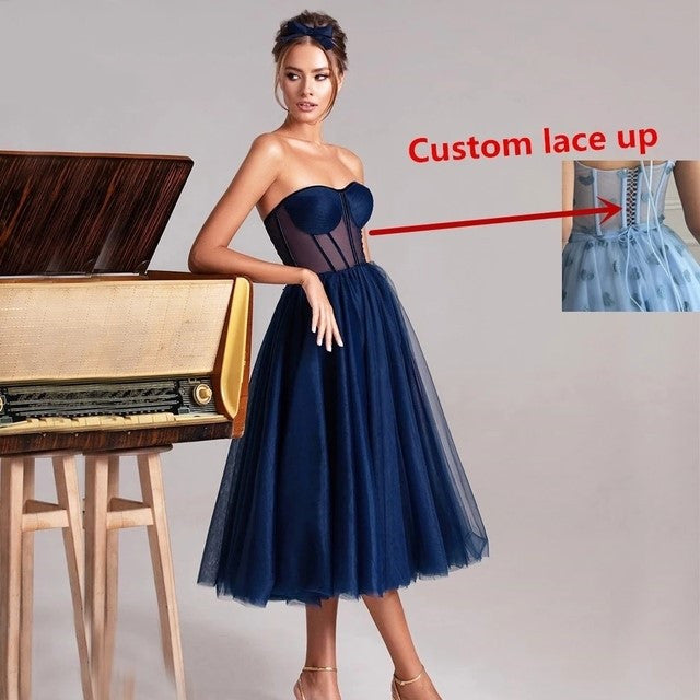 Sleeveless Formal Evening Dress with Corset Lace-Up Bodice