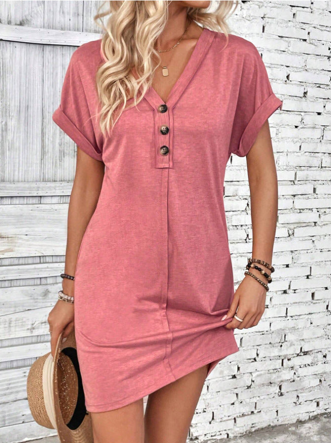 Robe chemise unie à manches courtes et col en V