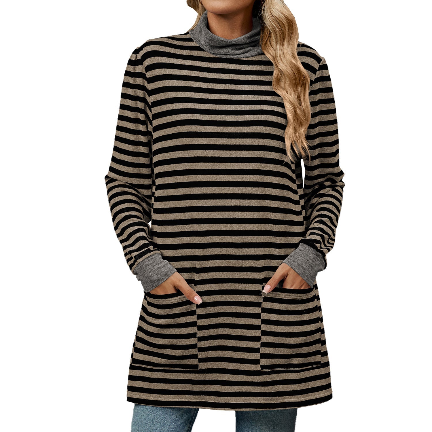 Turtleneck Striped Long Sleeve Shirt with Pockets