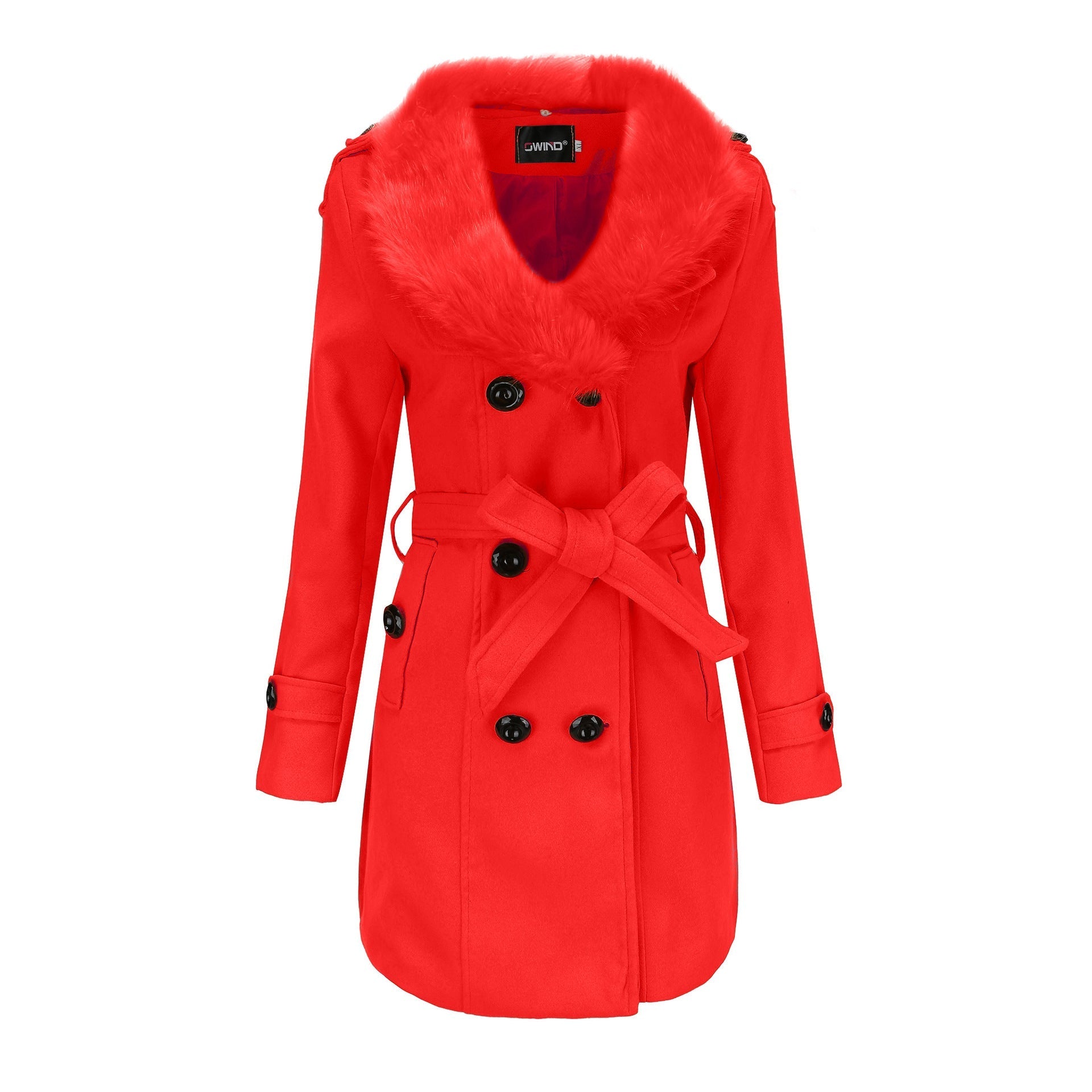 Mid Length Wool Coat with Fur Collar and Waist Tie