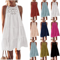 Halterneck Loose Fit Sleeveless Summer Dress with Lace in 8 Colors S-XXL