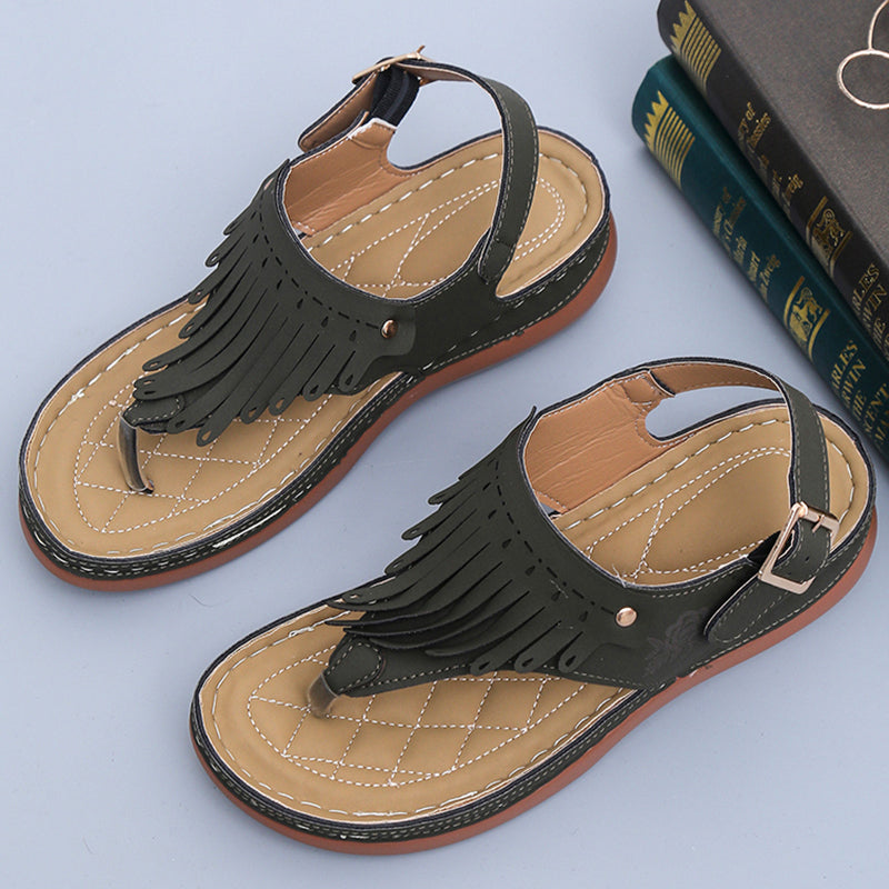 Roman Thong Sandals with Fringe and Ankle Strap