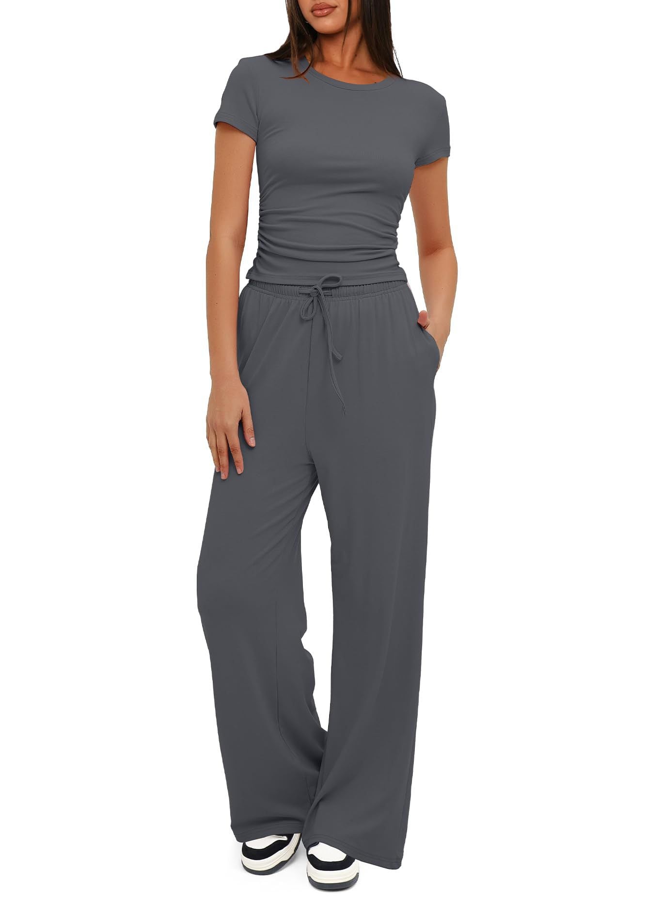 Short Sleeve Top with Matching Drawstring Wide-Leg Pants