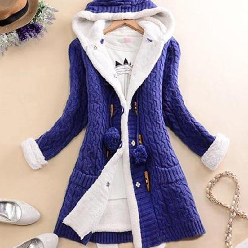 Plush Hooded Knit Cardigan Coat with Buttons and Pockets in 6 Colors S-5XL