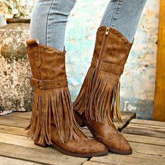 Mid-Calf Cowboy Boots with Tassels in 2 Colors
