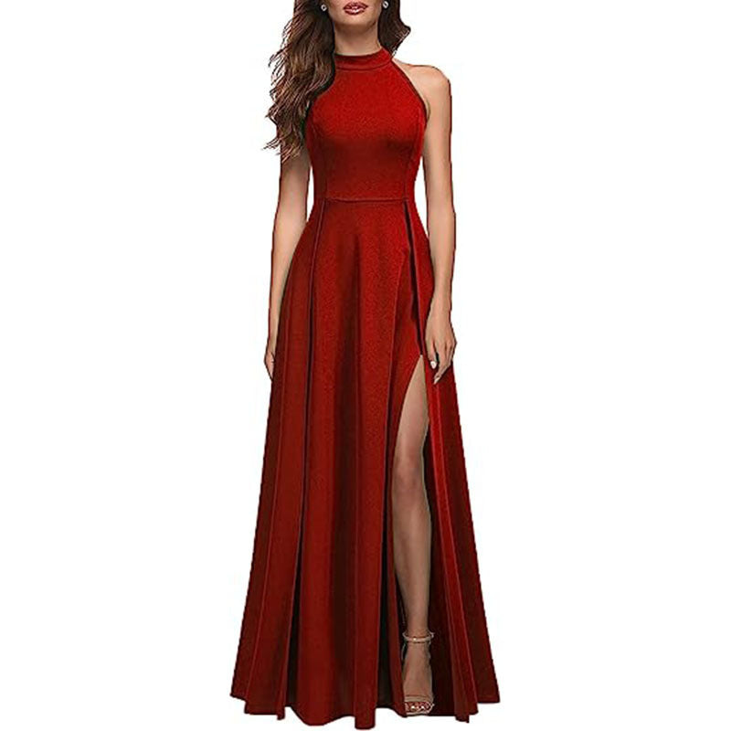 Solid Colour Halter Neck Evening Gown with Leg Slit