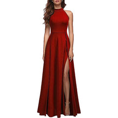 Solid Colour Halter Neck Evening Gown with Leg Slit