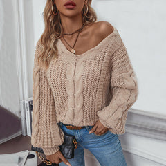 Lantern Sleeve Twist-Knit V-Neck Sweater