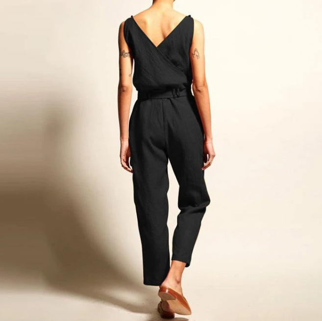 V-Neck Sleeveless Cropped Jumpsuit with Pockets
