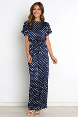 Round Neck Short Sleeve Polka Dot Jumpsuit with Drawstring Waist